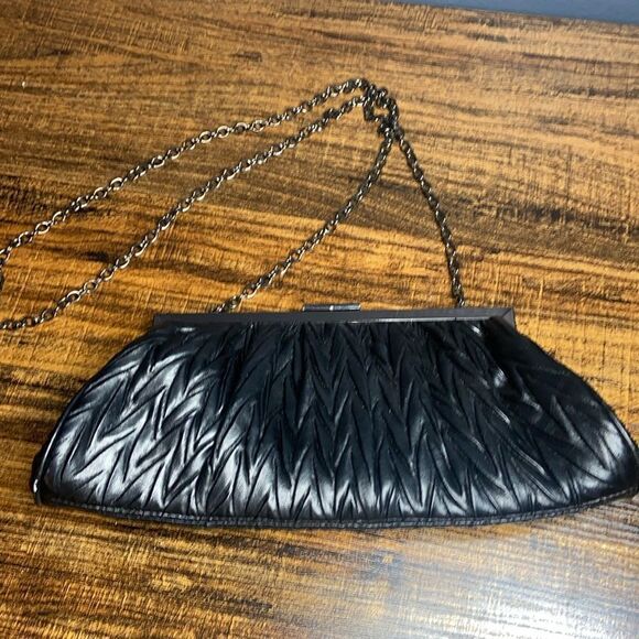 Jessica McClintock Handbag black leather gun metal Clasp Frame Satchel Clutch - Picture 1 of 6